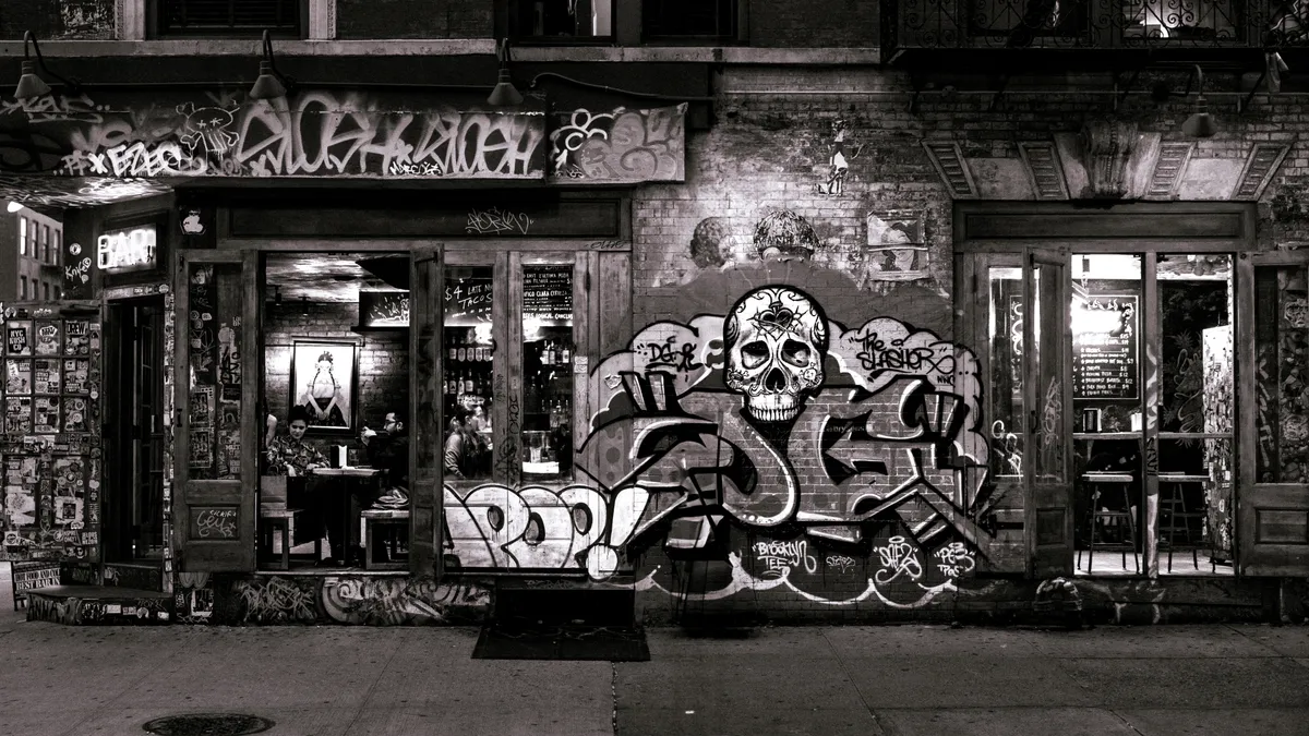Graffiti-covered New York storefront